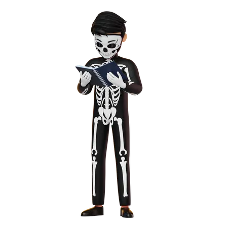 Boy In Skeleton Costume Reading Book  3D Illustration