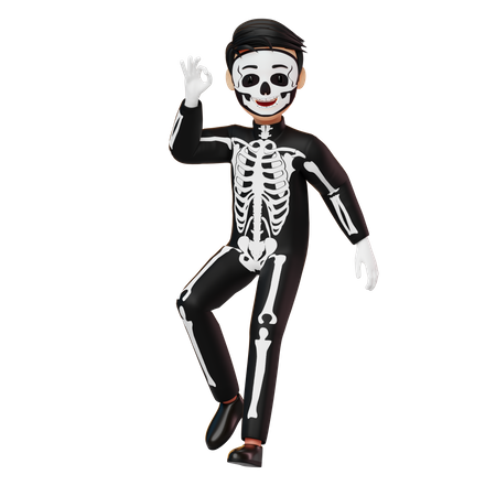 Boy In Skeleton Costume Showing Nice  3D Illustration