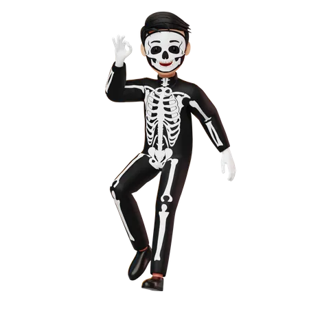 Boy In Skeleton Costume Showing Nice  3D Illustration