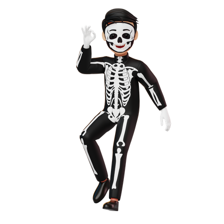 Boy In Skeleton Costume Showing Nice 3D Illustration