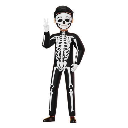 Boy In Skeleton Costume Showing Peace  3D Illustration