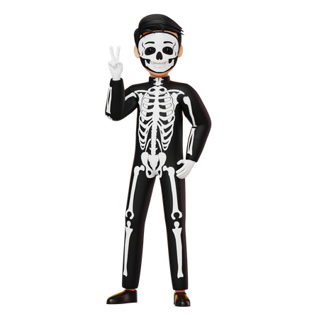 Boy In Skeleton Costume Showing Peace  3D Illustration