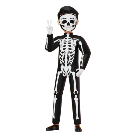 Boy In Skeleton Costume Showing Peace  3D Illustration