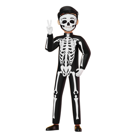 Boy In Skeleton Costume Showing Peace 3D Illustration