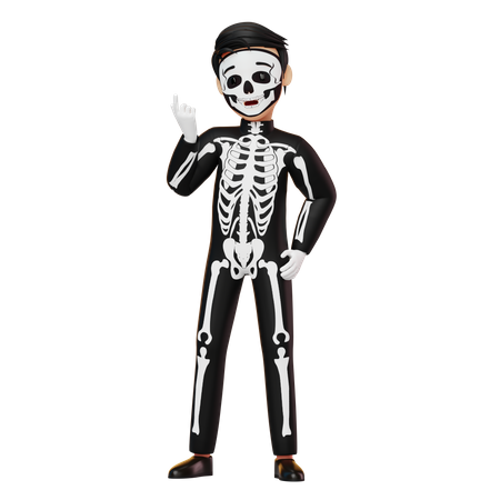 Boy In Skeleton Costume Showing Something  3D Illustration