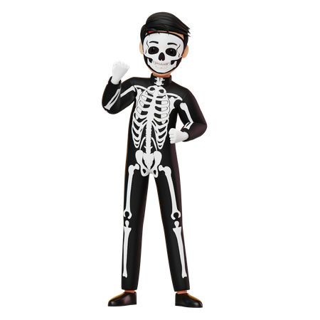 Boy In Skeleton Costume Showing Something  3D Illustration