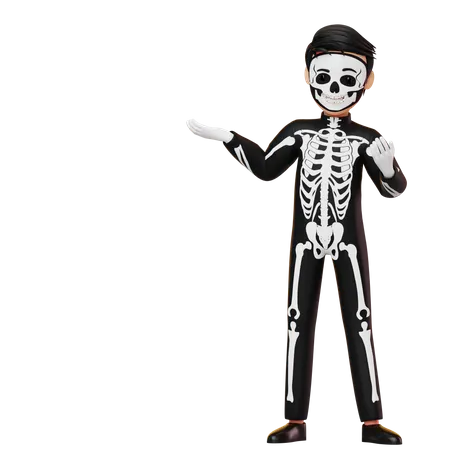 Boy In Skeleton Costume Showing Something  3D Illustration