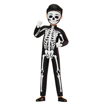 Boy In Skeleton Costume Showing Something  3D Illustration