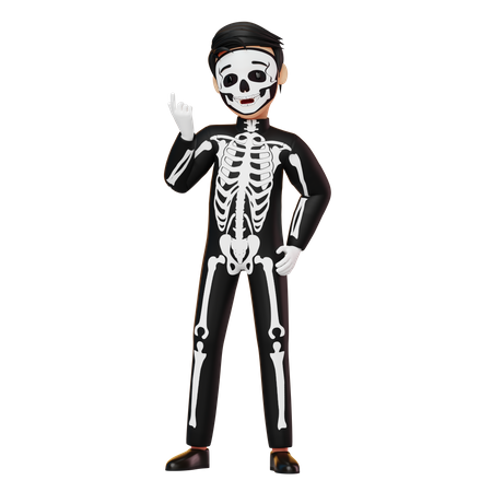Boy In Skeleton Costume Showing Something 3D Illustration