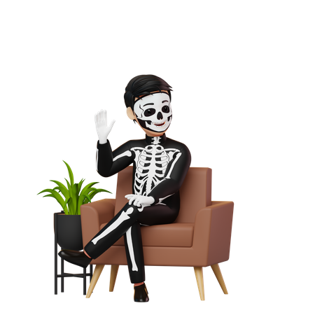 Boy In Skeleton Costume Sitting On Couch  3D Illustration