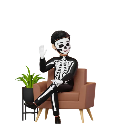 Boy In Skeleton Costume Sitting On Couch  3D Illustration