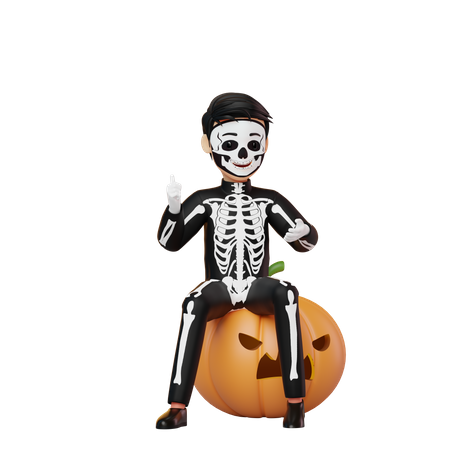 Boy In Skeleton Costume Sitting On Pumpkin  3D Illustration