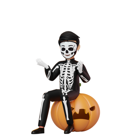 Boy In Skeleton Costume Sitting On Pumpkin  3D Illustration