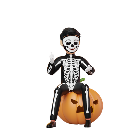 Boy In Skeleton Costume Sitting On Pumpkin 3D Illustration