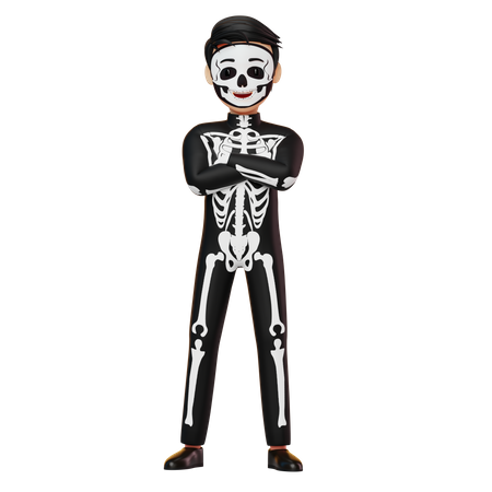 Boy In Skeleton Costume Standing Hand Folded  3D Illustration