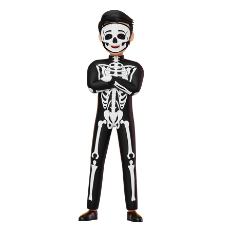 Boy In Skeleton Costume Standing Hand Folded  3D Illustration