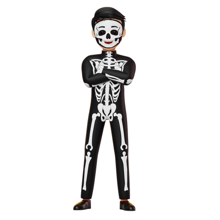 Boy In Skeleton Costume Standing Hand Folded  3D Illustration