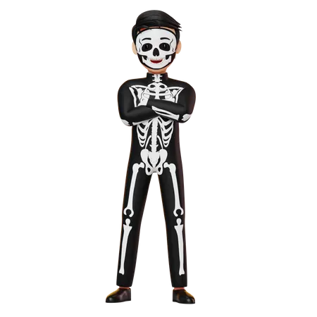 Boy In Skeleton Costume Standing Hand Folded  3D Illustration