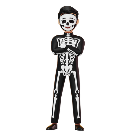 Boy In Skeleton Costume Standing Hand Folded  3D Illustration