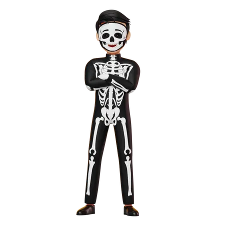 Boy In Skeleton Costume Standing Hand Folded  3D Illustration