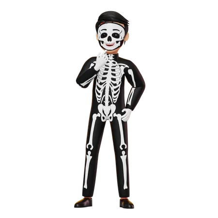 Boy In Skeleton Costume Thinking  3D Illustration