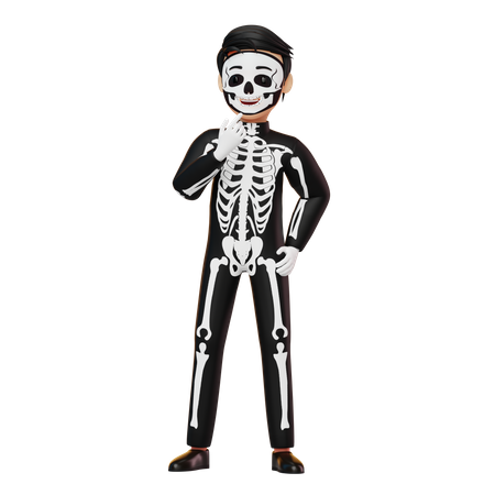 Boy In Skeleton Costume Thinking 3D Illustration