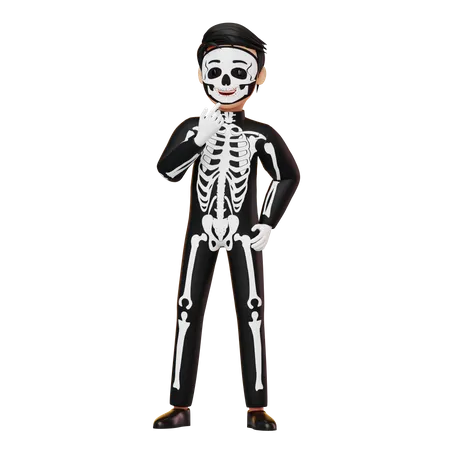 Boy In Skeleton Costume Thinking 3D Illustration