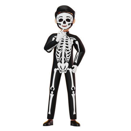 Boy In Skeleton Costume Thinking Something  3D Illustration