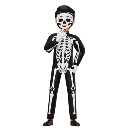 Boy In Skeleton Costume Thinking Something  3D Illustration