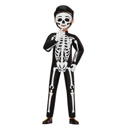 Boy In Skeleton Costume Thinking Something  3D Illustration