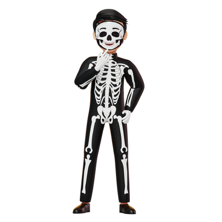 Boy In Skeleton Costume Thinking Something 3D Illustration