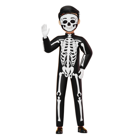 Boy In Skeleton Costume Waving Hand  3D Illustration