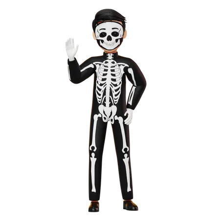 Boy In Skeleton Costume Waving Hand  3D Illustration