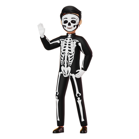 Boy In Skeleton Costume Waving Hand  3D Illustration