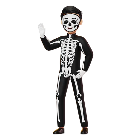 Boy In Skeleton Costume Waving Hand  3D Illustration