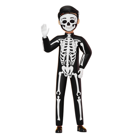 Boy In Skeleton Costume Waving Hand 3D Illustration