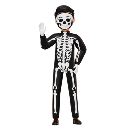 Boy In Skeleton Costume Waving Hand 3D Illustration