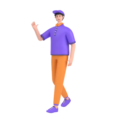 Boy in walking pose and doing waving hand say hello  3D Illustration