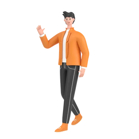 Boy in walking pose and doing waving hand say hello  3D Illustration