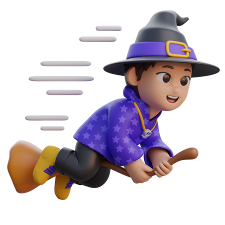 Boy in Wizard Costume Flying Fast with Magic Broom  3D Icon