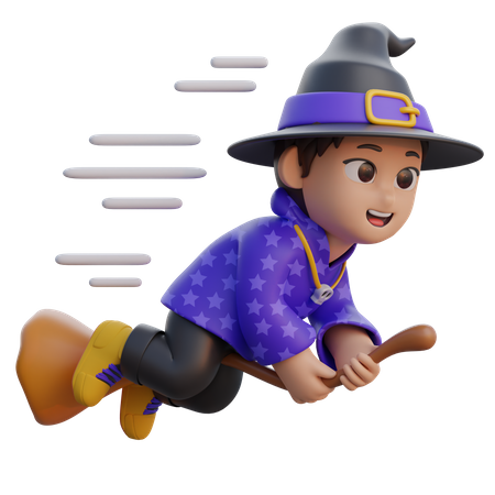 Boy in Wizard Costume Flying Fast with Magic Broom  3D Illustration