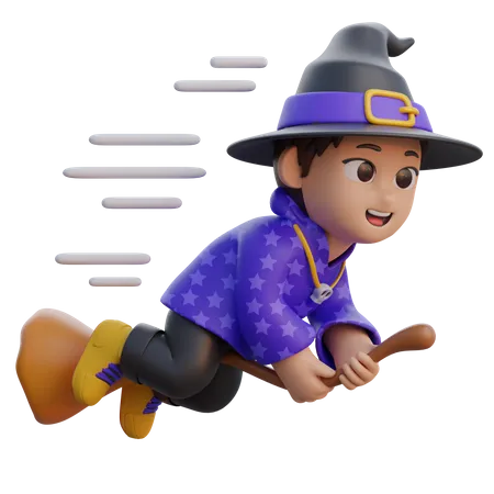 Boy in Wizard Costume Flying Fast with Magic Broom  3D Illustration