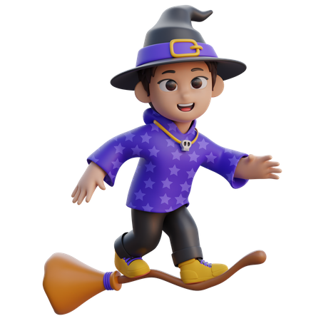 Boy in Wizard Costume Flying with Magic Broom  3D Icon