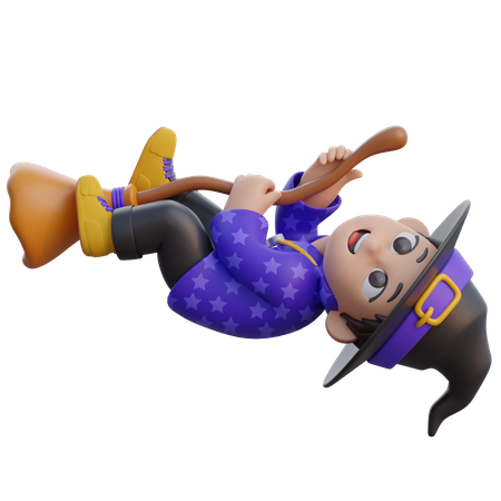Boy in Wizard Costume Flying with Magic Broom  3D Icon