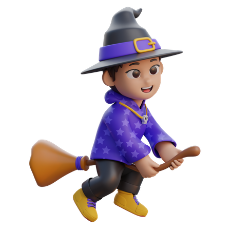 Boy in Wizard Costume Flying with Magic Broom  3D Icon