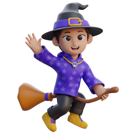 Boy in Wizard Costume Flying with Magic Broom  3D Icon