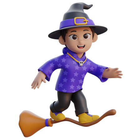 Boy in Wizard Costume Flying with Magic Broom  3D Illustration