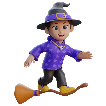 Boy in Wizard Costume Flying with Magic Broom  3D Illustration