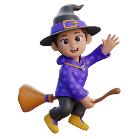 Boy in Wizard Costume Flying with Magic Broom  3D Illustration