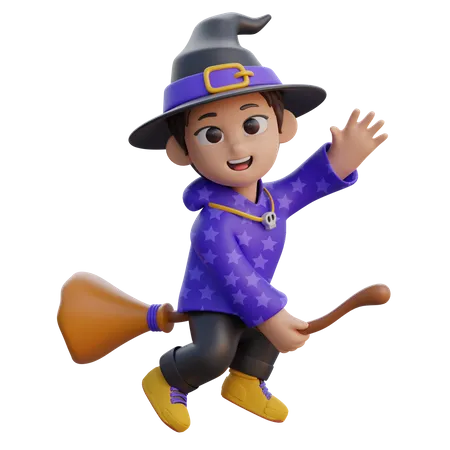 Boy in Wizard Costume Flying with Magic Broom  3D Illustration